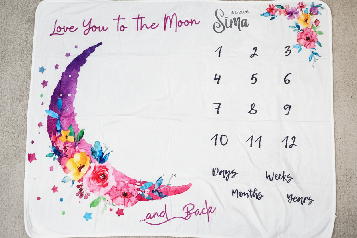 Baby milestone blanket with floral crescent moon design and text
