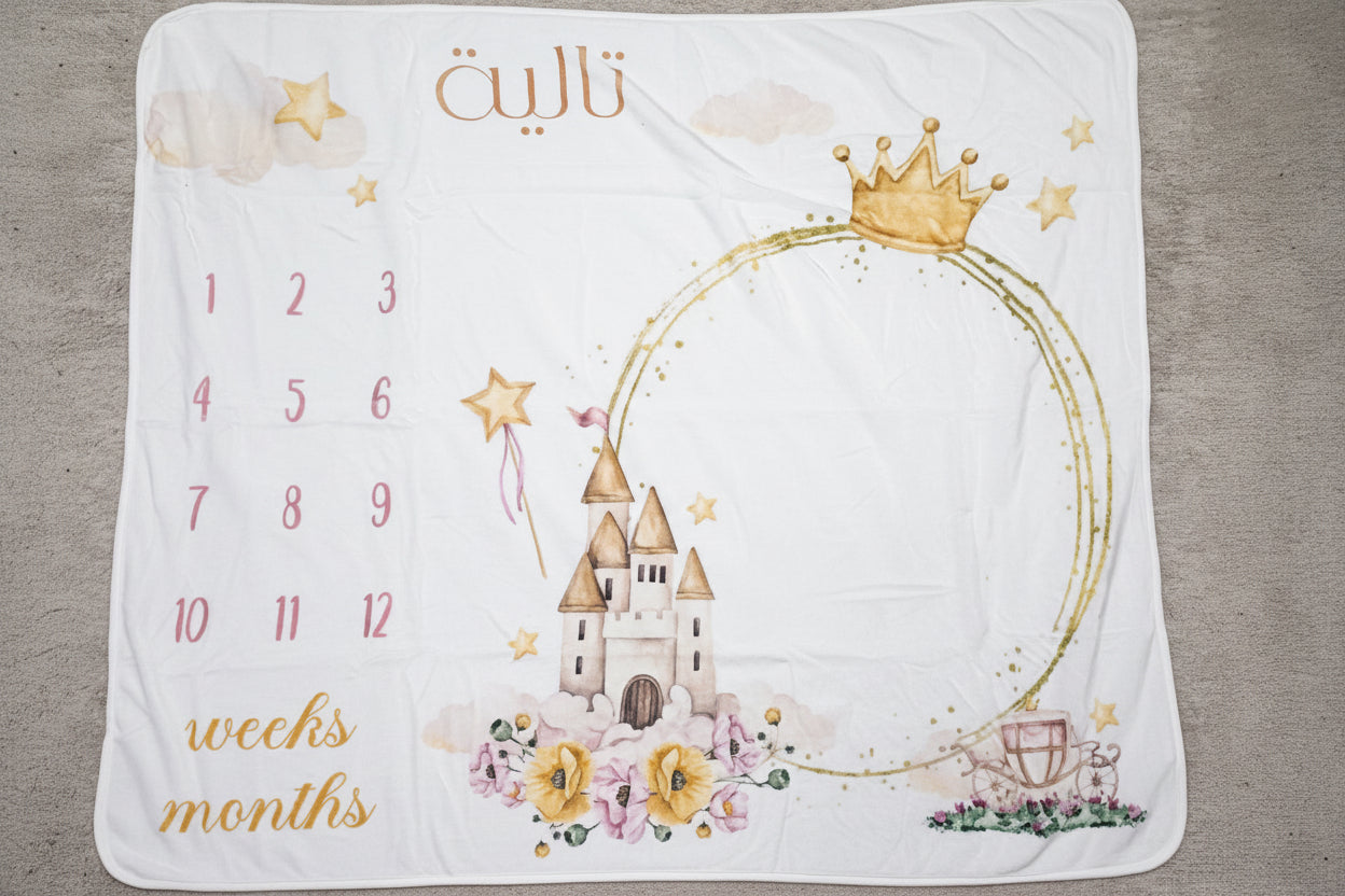 Baby milestone blanket with castle design and numbers on a plain background