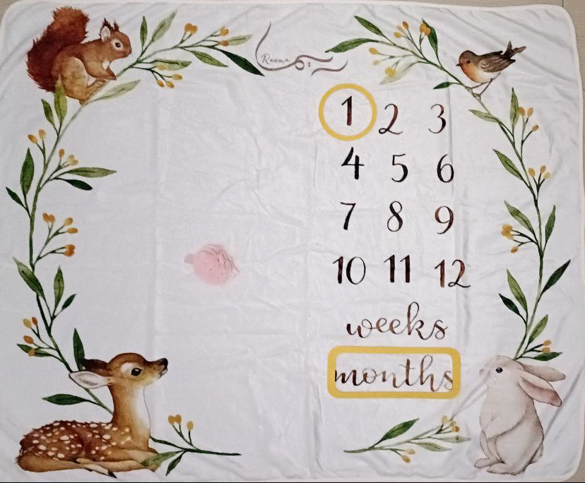 Baby milestone blanket with animals and numbers on a tiled floor