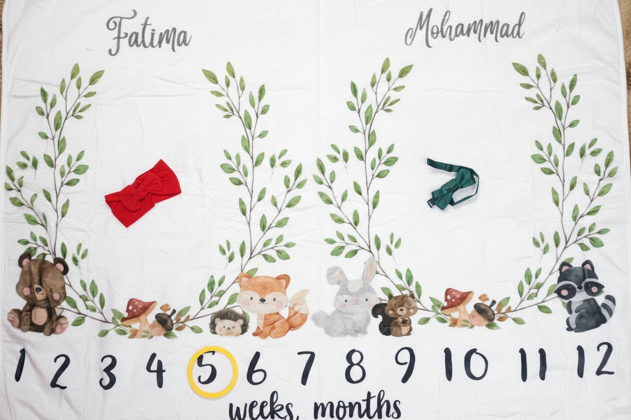 Baby milestone blanket for twin baby's with cartoon animals and numbers on a white background