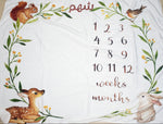 Baby milestone blanket with animals and numbers on a white background