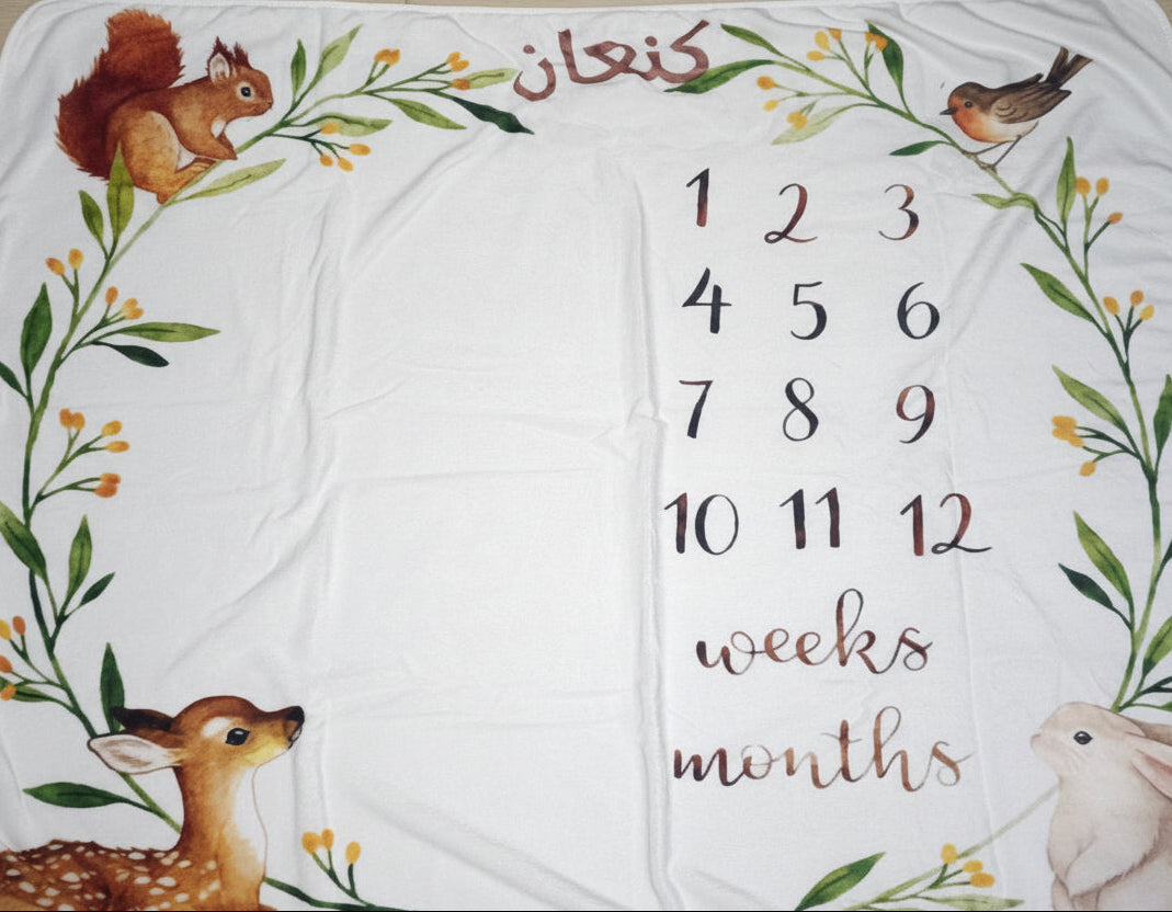 Baby milestone blanket with animals and numbers on a white background