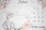 Baby milestone blanket with floral designs, elephant illustration, and numerical sequence.