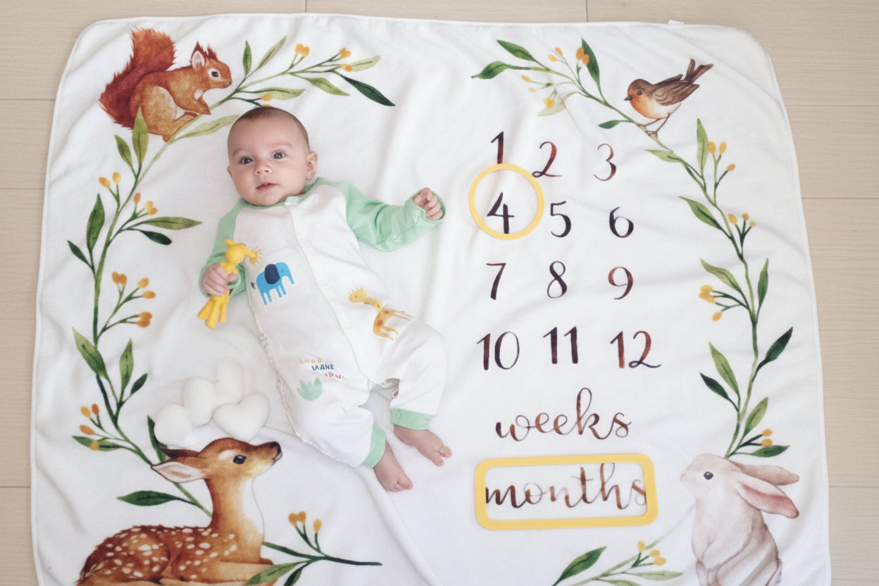 Baby lying on a milestone blanket with animal illustrations and number markers.